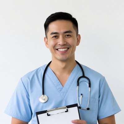 Asian male nurse holding clipboard