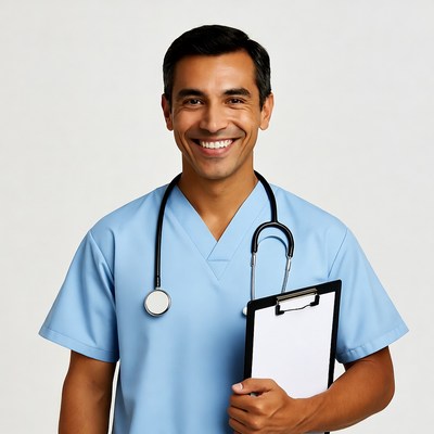 Smiling male doctor holding clipboard