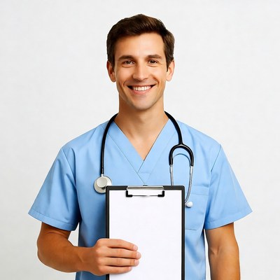 Smiling male doctor holding clipboard