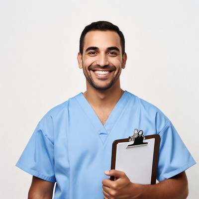 Smiling male nurse holding clipboard