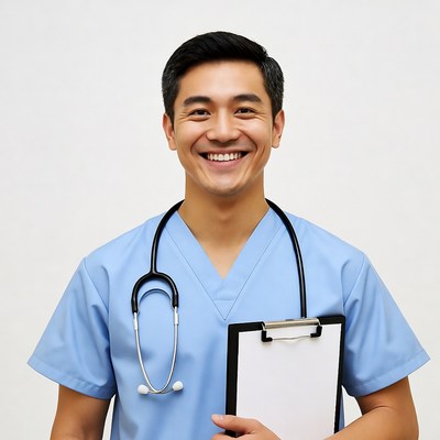 Asian male nurse with stethoscope and clipboard