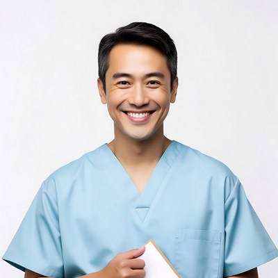 Asian male nurse smiling with clipboard