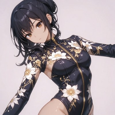 Anime girl in black floral bodysuit