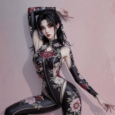 Asian woman in floral qipao bodysuit