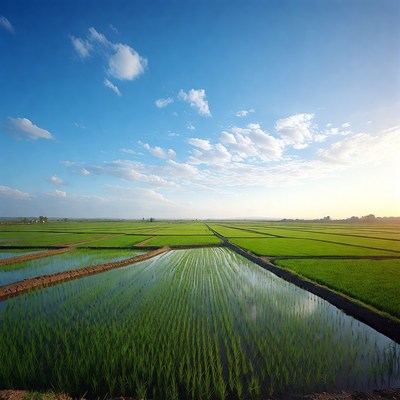 Vast Green Rice Paddy Fields