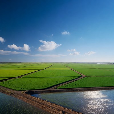 Aerial View of Green Rice Paddy Fields