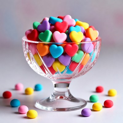 Colorful Candy Hearts in Glass Bowl