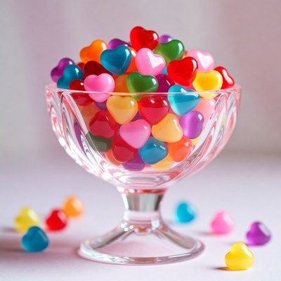 Colorful Jelly Heart Candies in Glass Bowl