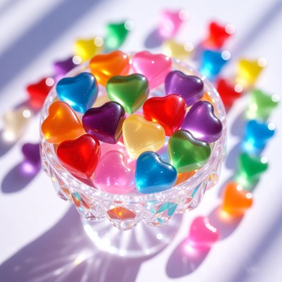 Colorful Jelly Hearts in Glass Bowl