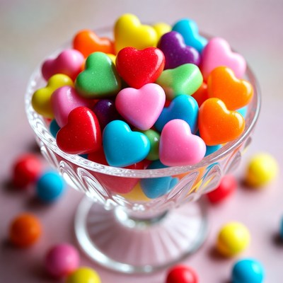 Colorful Candy Hearts in Glass Bowl