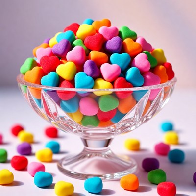 Colorful Foam Hearts in Glass Bowl