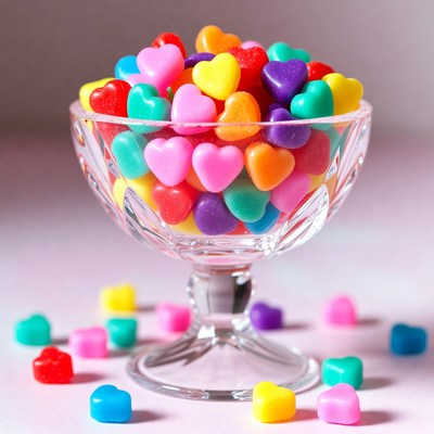 Colorful Candy Hearts in Glass Bowl