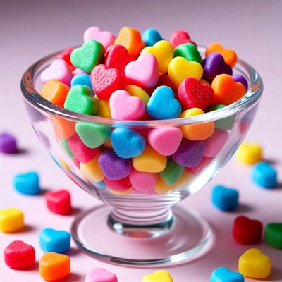 Colorful Heart-Shaped Candies in Glass Bowl
