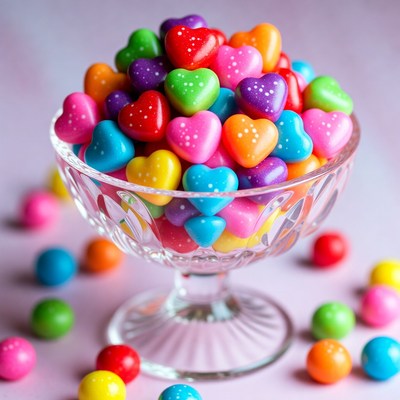 Colorful Candy Hearts in Glass Bowl