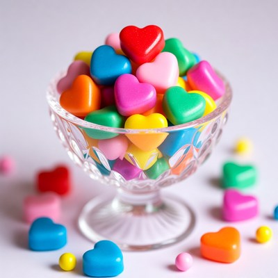 Colorful Candy Hearts in Glass Bowl