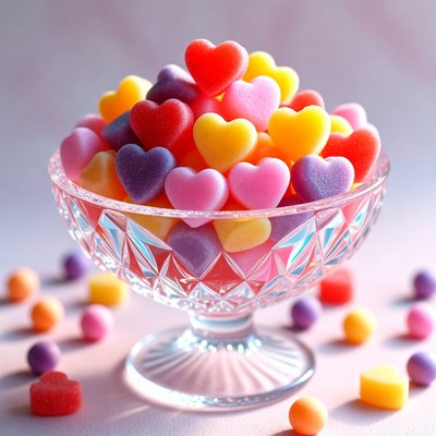 Colorful Heart-Shaped Gummy Candy in Glass Bowl