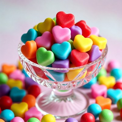 Colorful gummy hearts in glass dish