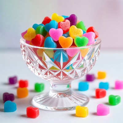 Colorful Gummy Hearts in Glass Bowl
