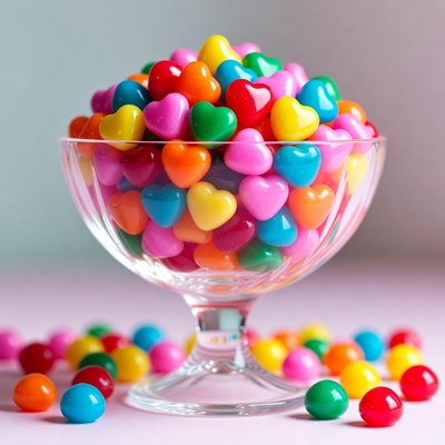 Colorful gummy heart candies in glass bowl