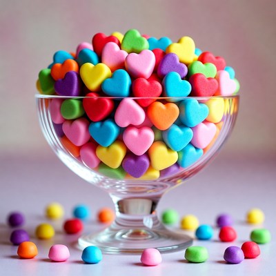 Colorful Candy Hearts in Glass Bowl