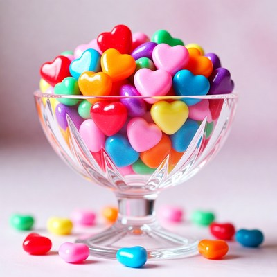 Colorful Candy Hearts in Glass Dish
