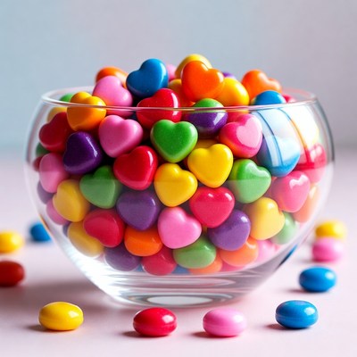 Colorful Heart-Shaped Candies in Glass Bowl