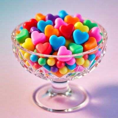 Colorful Candy Hearts in Glass Bowl