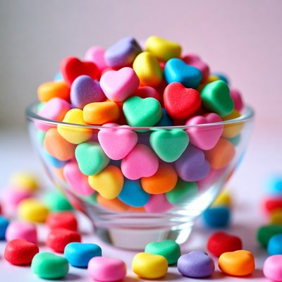 Colorful Heart-Shaped Candies in Glass Bowl
