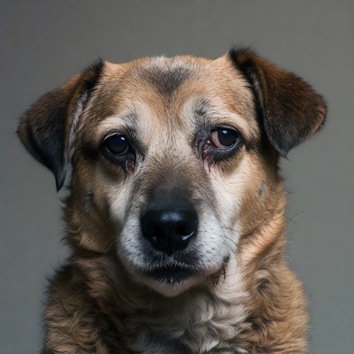 Sad brown dog with injured eye