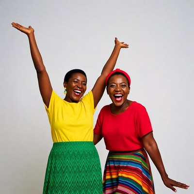 Two African women raising arms joyfully