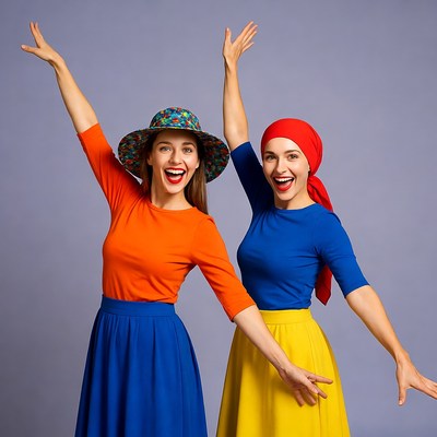 Two women raising arms in colorful outfits