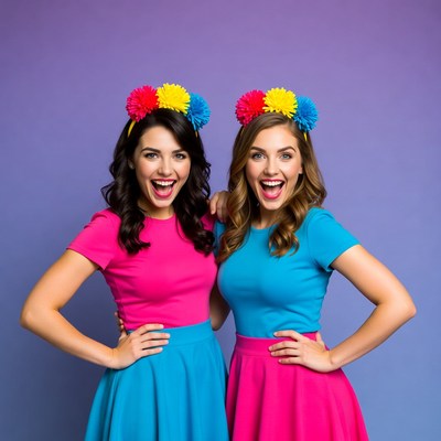 Two women in colorful flower crowns smiling