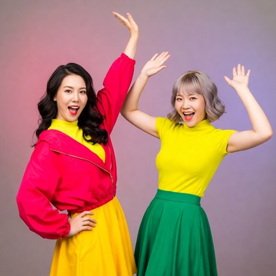 Two Asian women dancing with raised hands