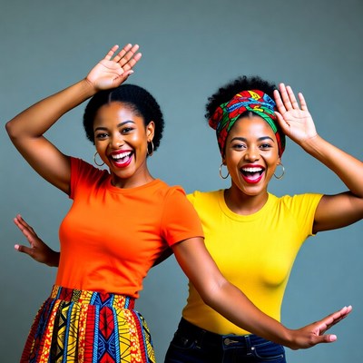 Two African women dancing joyfully