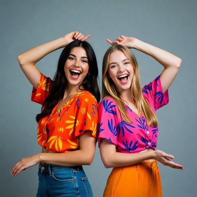 Two women posing with hands up