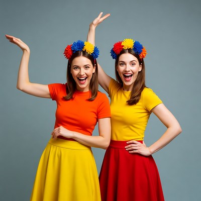 Two women in colorful flower crowns dancing
