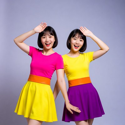 Twin Asian girls raising hands in colorful dresses