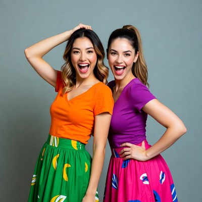 Two women laughing in colorful outfits