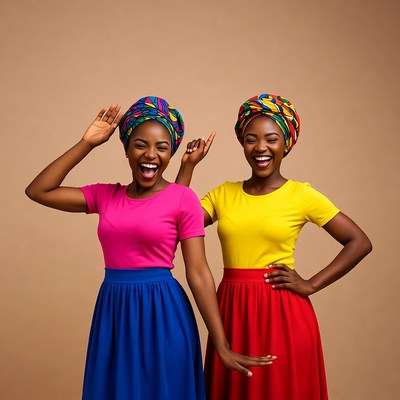 Two African women dancing in colorful outfits