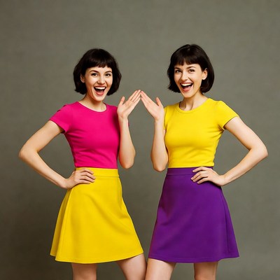 Two women laughing in colorful dresses