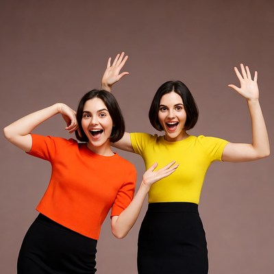 Two excited women raising hands