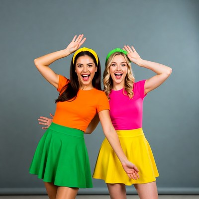 Two women dancing in colorful outfits