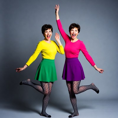 Two women dancing in colorful skirts