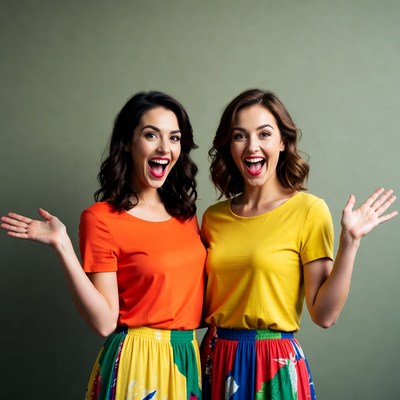 Two women laughing with arms raised