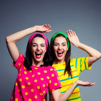 Two women dancing in colorful outfits
