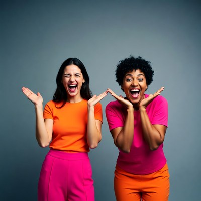 Two women laughing with hands raised