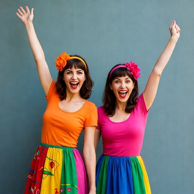 Two women raising arms in colorful skirts