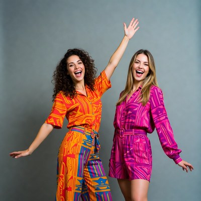 Two women waving in colorful jumpsuits