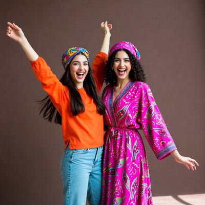 Two women raising arms joyfully