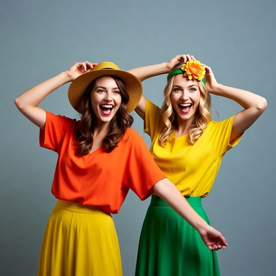 Two women in Brazilian flag colors dancing